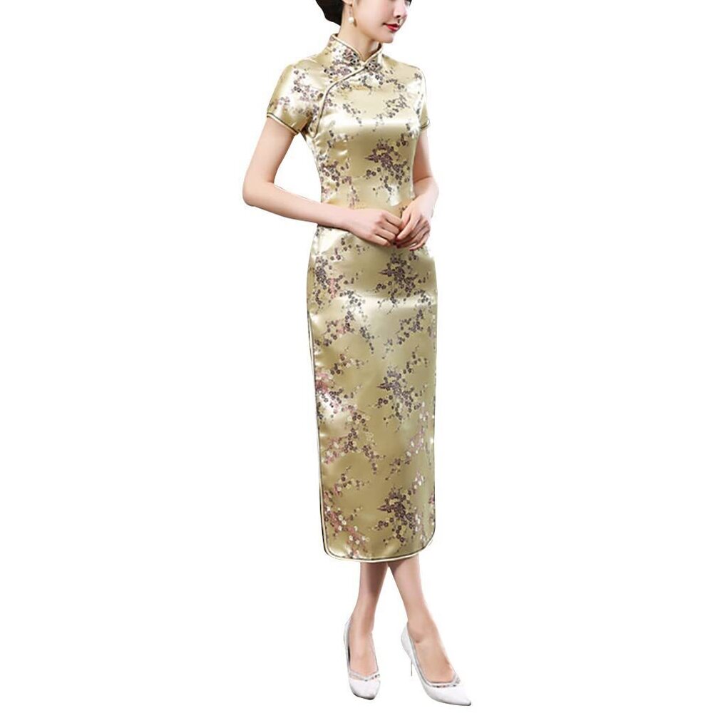 1586 Vintage Short Sleeve Maxi Cheongsam Print High Slit Side Traditional